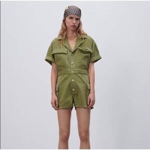 Zara Premium Denim Collection Olive Green Utility Cargo Romper XL Womens